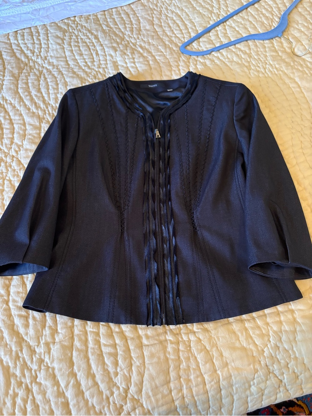 Tahari Black Braided-Front Collarless Tunic Jacket